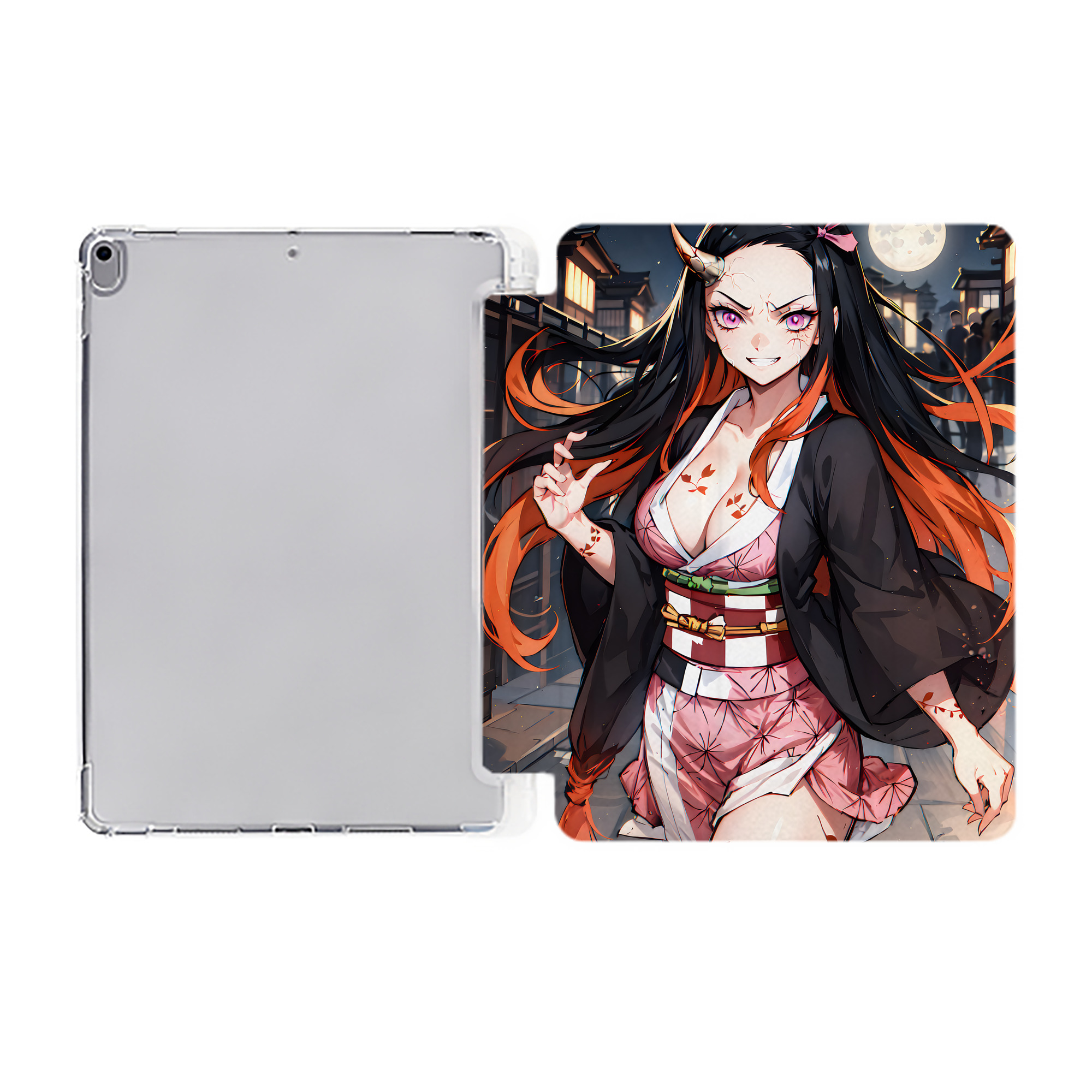 （画像用） 鬼滅の刃（きめつのやいば）竈門 禰󠄀豆子／かまど ねずこ Kamado Nezuko IPad ケース ペン収納付き 三つ折りスタンド PUレザー×シリコン 対応機種9.5/10.5/10.9インチ